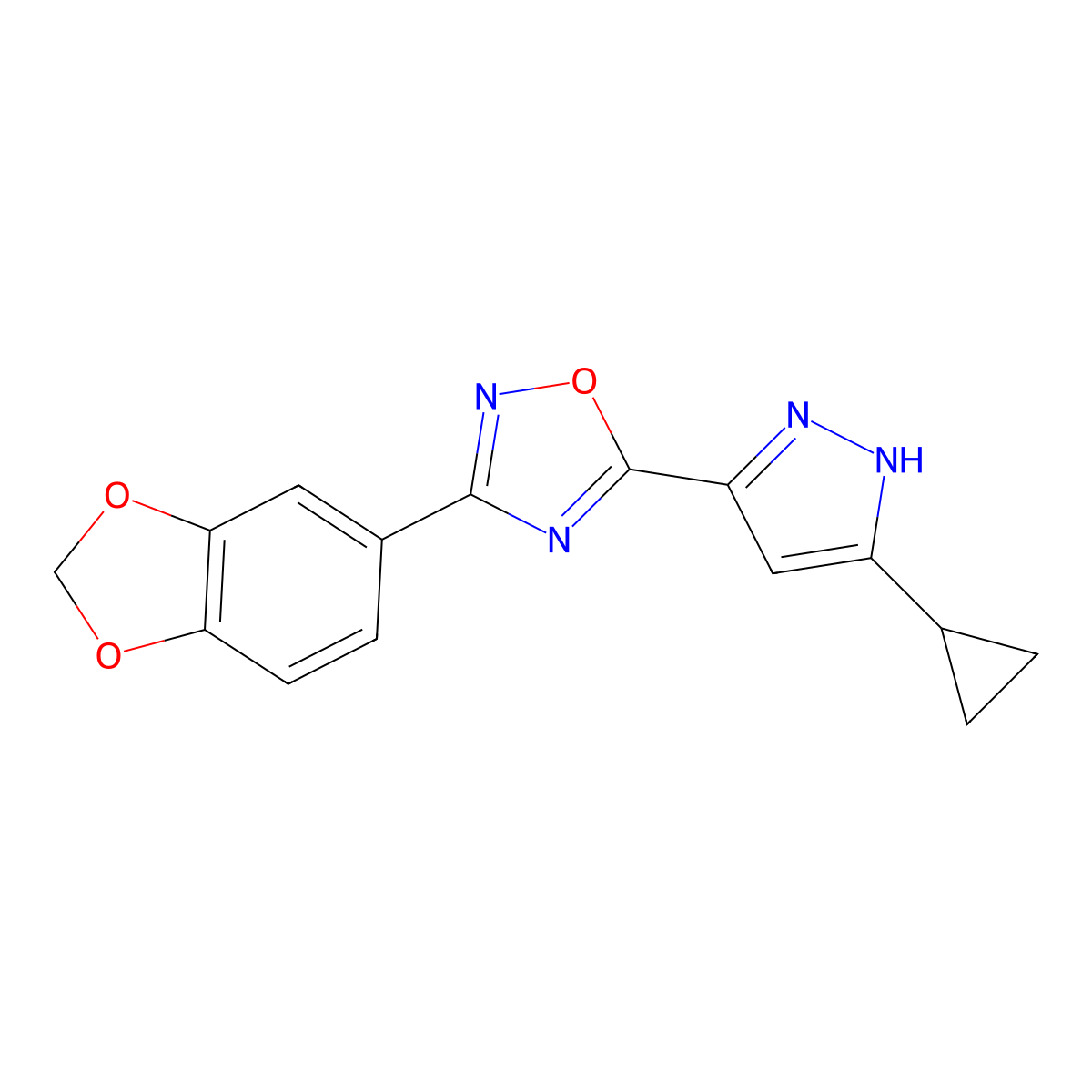 3-(2H-1,3-benzodioxol-5-yl)-5-(3-cyclopropyl-1H-pyrazol-5-yl)-1,2,4-oxadiazole molecular structure, CAS 1189316-31-1