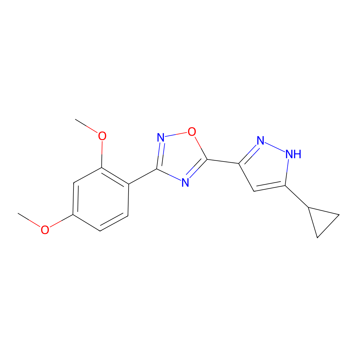 5-(3-cyclopropyl-1H-pyrazol-5-yl)-3-(2,4-dimethoxyphenyl)-1,2,4-oxadiazole molecular structure, CAS 1189316-32-2