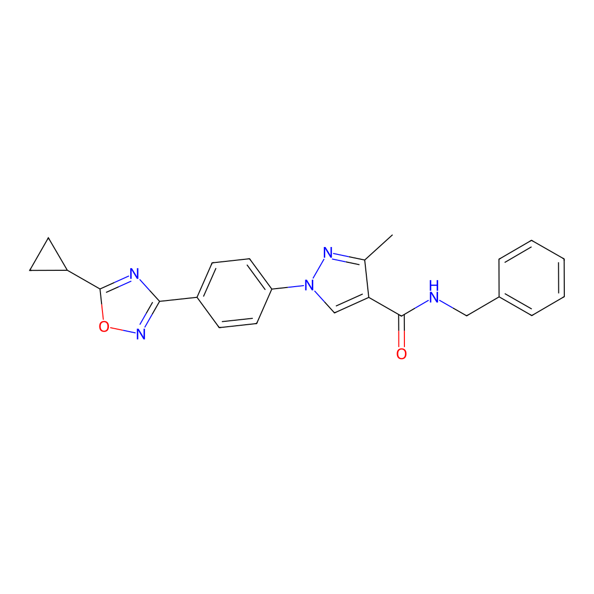 N-benzyl-1-[4-(5-cyclopropyl-1,2,4-oxadiazol-3-yl)phenyl]-3-methyl-1H-pyrazole-4-carboxamide molecular structure, CAS 1189375-07-2