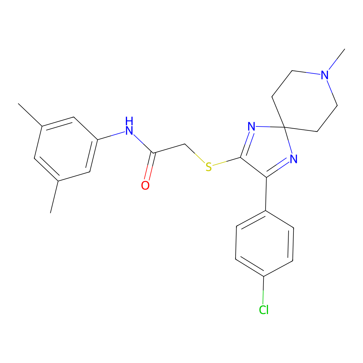2-{[3-(4-Chlorophenyl)-8-methyl-1,4,8-triazaspiro[4.5]deca-1,3-dien-2-YL]sulfanyl}-N-(3,5-dimethylphenyl)acetamide molecular structure, CAS 1189418-76-5