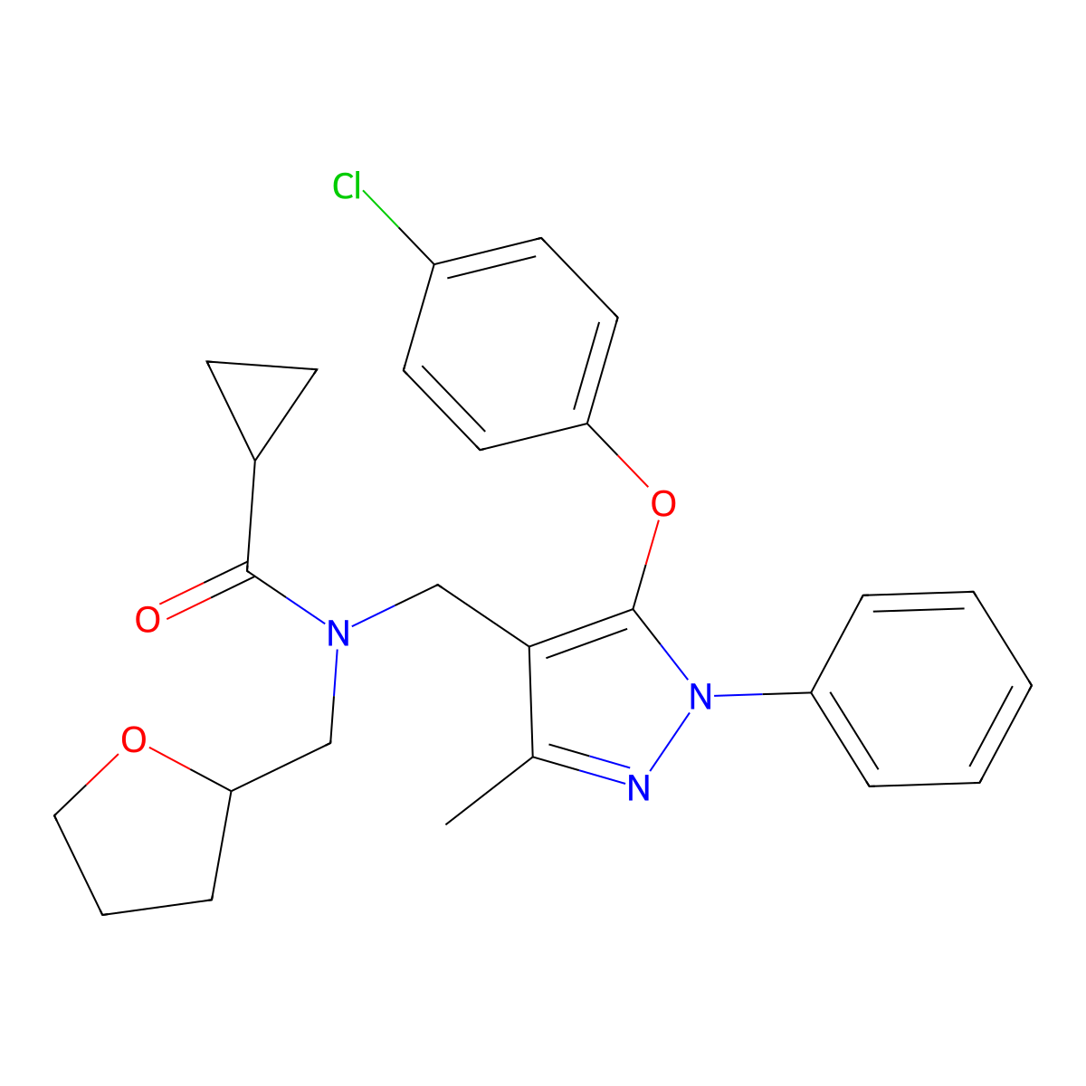 N~1~-{[5-(4-chlorophenoxy)-3-methyl-1-phenyl-1H-pyrazol-4-yl]methyl}-N~1~-(tetrahydro-2-furanylmethyl)-1-cyclopropanecarboxamide molecular structure, CAS 1189419-43-9