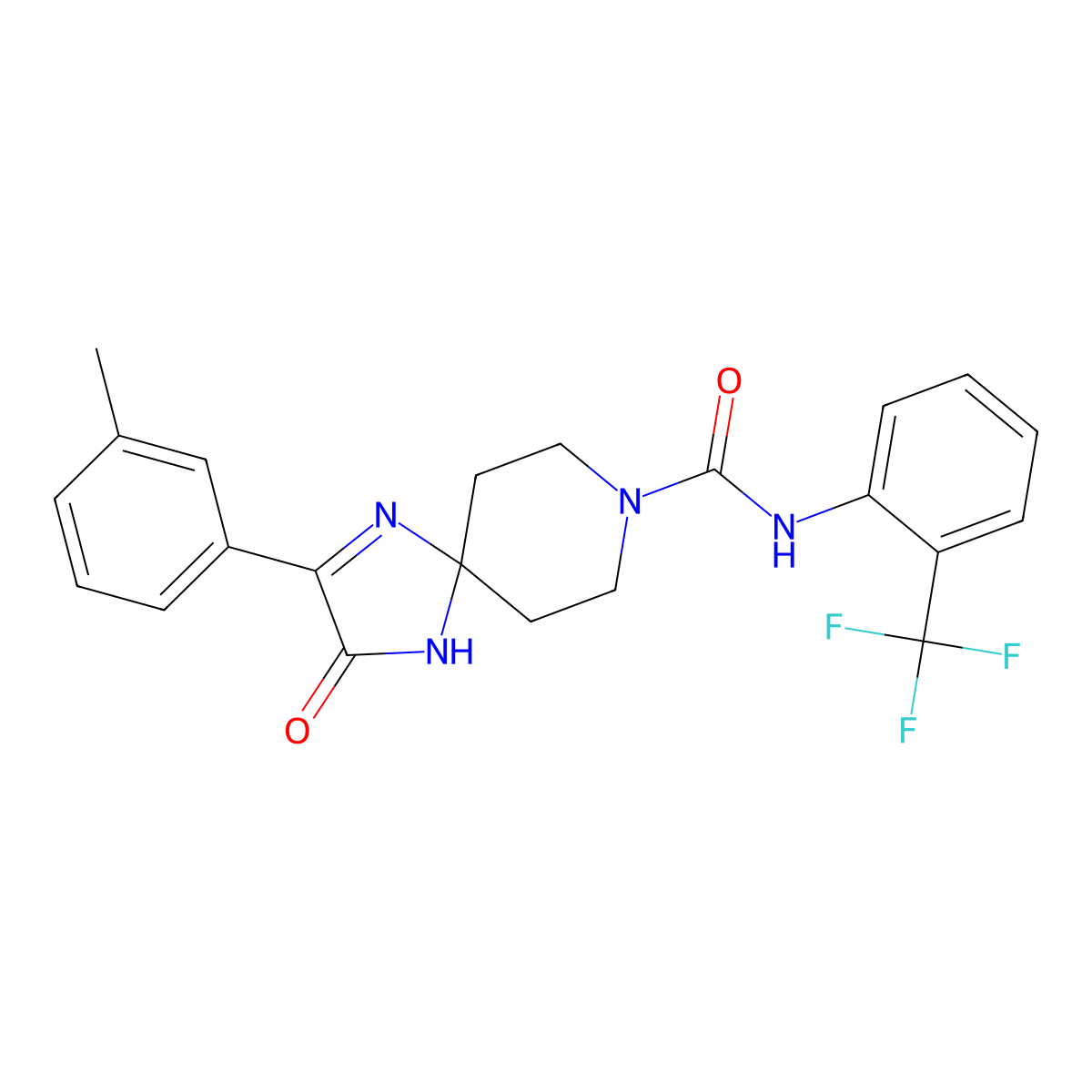 3-oxo-2-(m-tolyl)-N-(2-(trifluoromethyl)phenyl)-1,4,8-triazaspiro[4.5]dec-1-ene-8-carboxamide molecular structure, CAS 1189419-44-0