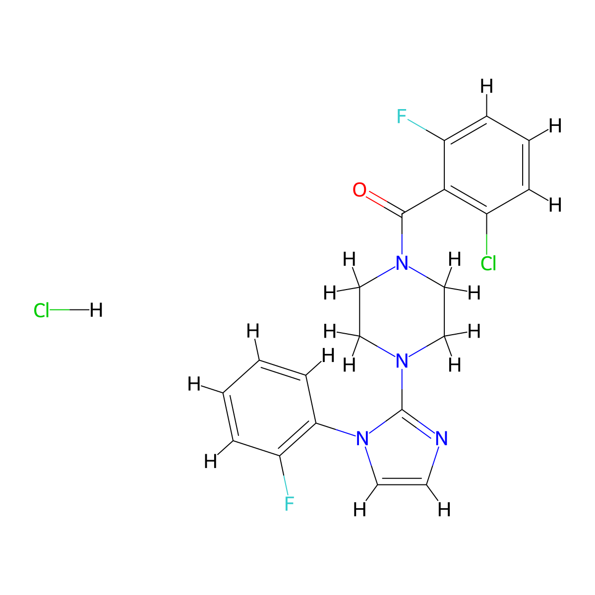 (2-chloro-6-fluorophenyl)(4-(1-(2-fluorophenyl)-1H-imidazol-2-yl)piperazin-1-yl)methanone hydrochloride molecular structure, CAS 1189421-28-0