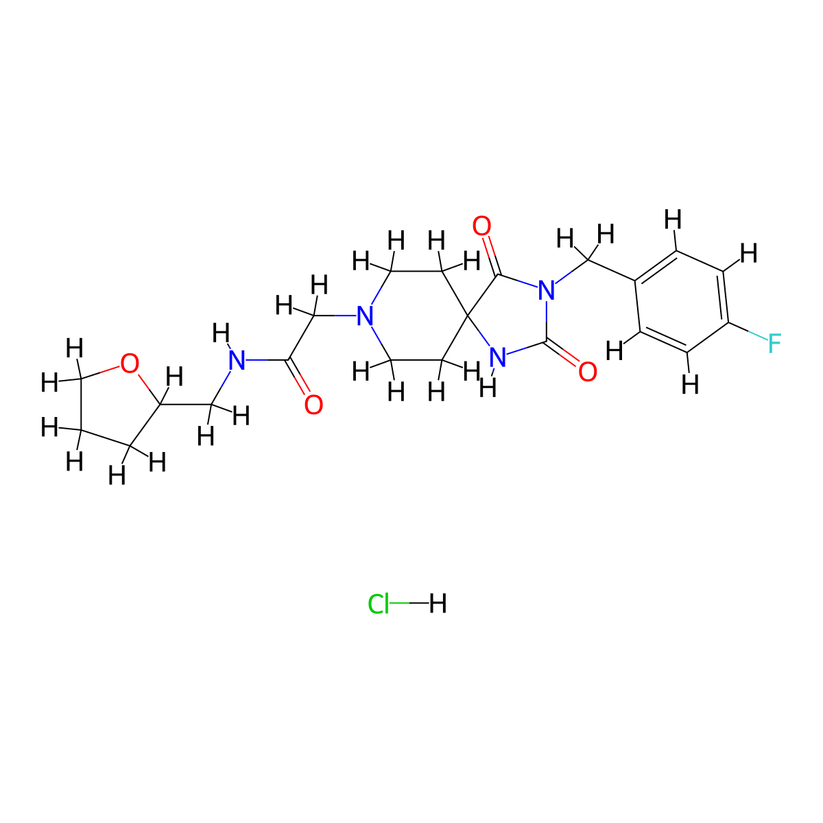 2-(3-(4-fluorobenzyl)-2,4-dioxo-1,3,8-triazaspiro[4.5]decan-8-yl)-N-((tetrahydrofuran-2-yl)methyl)acetamide hydrochloride molecular structure, CAS 1189421-48-4