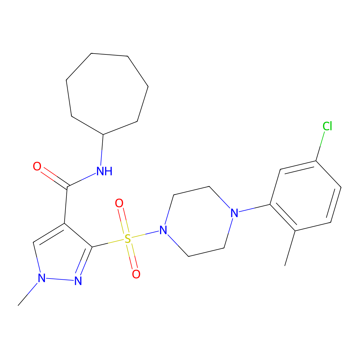 3-{[4-(5-chloro-2-methylphenyl)piperazin-1-yl]sulfonyl}-N-cycloheptyl-1-methyl-1H-pyrazole-4-carboxamide molecular structure, CAS 1189421-69-9