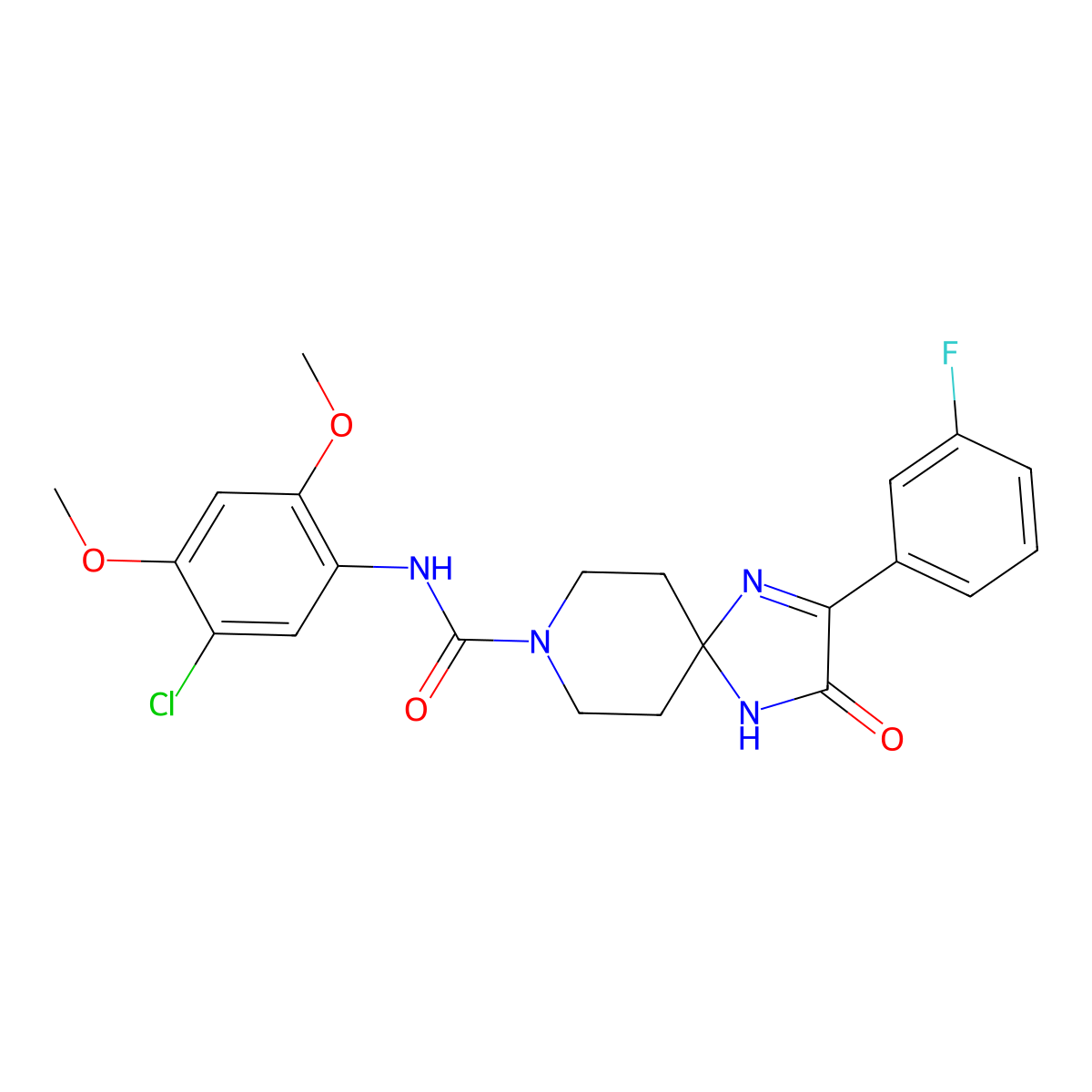N-(5-chloro-2,4-dimethoxyphenyl)-2-(3-fluorophenyl)-3-oxo-1,4,8-triazaspiro[4.5]dec-1-ene-8-carboxamide molecular structure, CAS 1189421-82-6