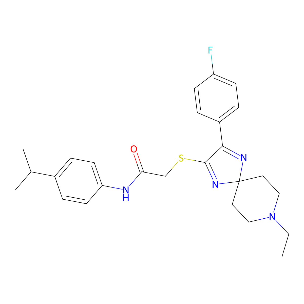 2-((8-ethyl-3-(4-fluorophenyl)-1,4,8-triazaspiro[4.5]deca-1,3-dien-2-yl)thio)-N-(4-isopropylphenyl)acetamide molecular structure, CAS 1189423-73-1