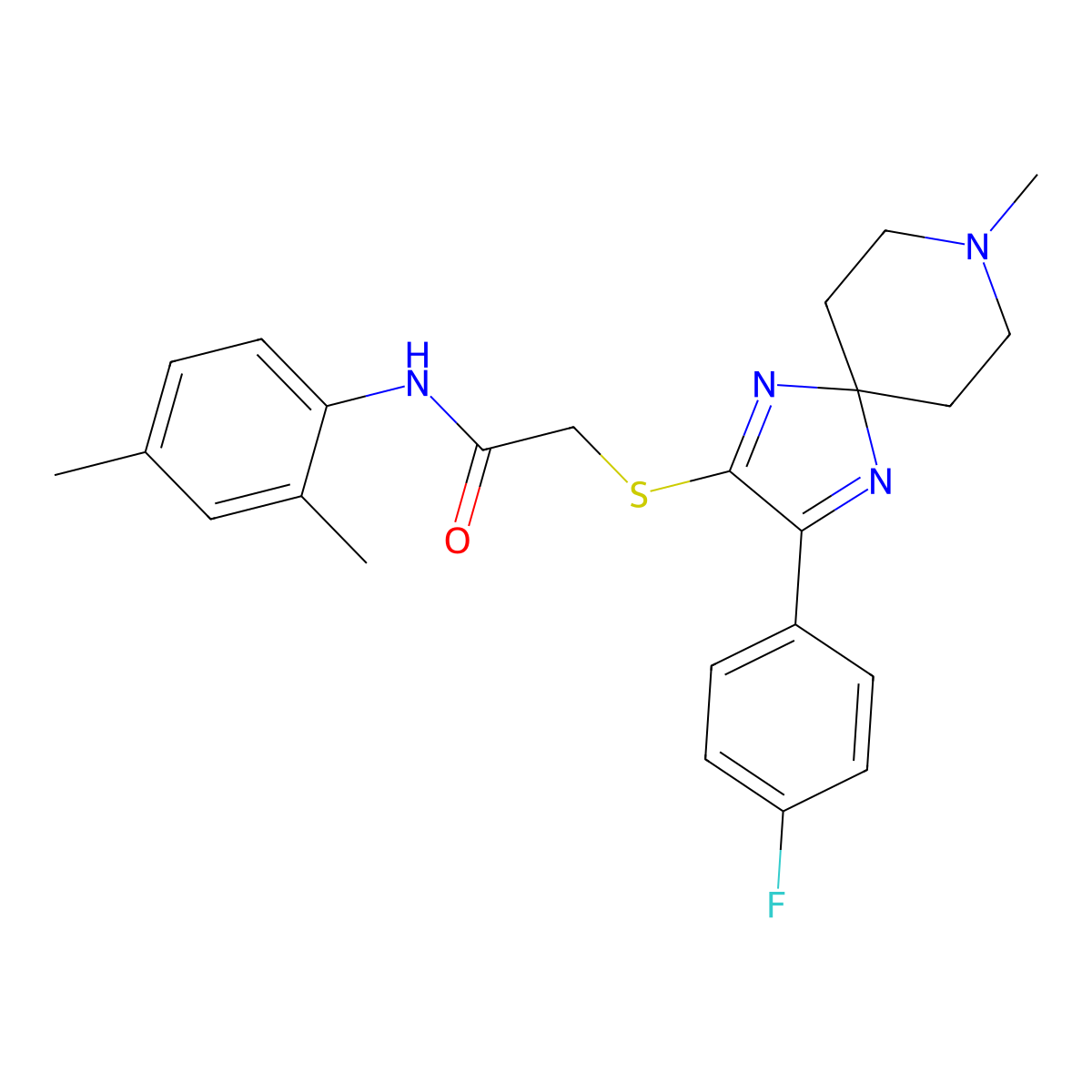 N-(2,4-dimethylphenyl)-2-((3-(4-fluorophenyl)-8-methyl-1,4,8-triazaspiro[4.5]deca-1,3-dien-2-yl)thio)acetamide molecular structure, CAS 1189424-23-4