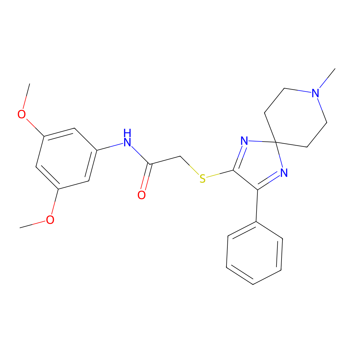 N-(3,5-dimethoxyphenyl)-2-({8-methyl-3-phenyl-1,4,8-triazaspiro[4.5]deca-1,3-dien-2-yl}sulfanyl)acetamide molecular structure, CAS 1189425-22-6