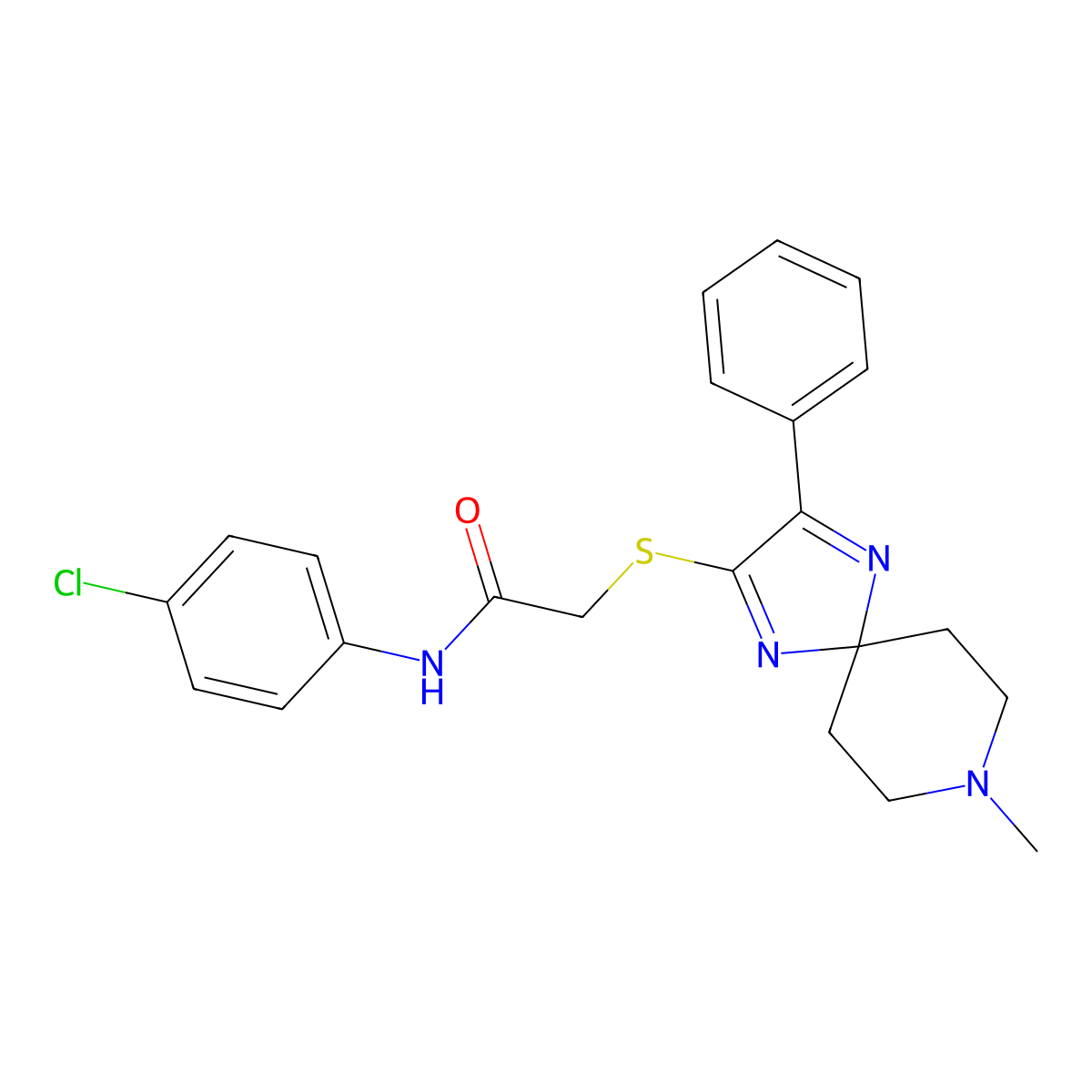 N-(4-chlorophenyl)-2-((8-methyl-3-phenyl-1,4,8-triazaspiro[4.5]deca-1,3-dien-2-yl)thio)acetamide molecular structure, CAS 1189425-94-2