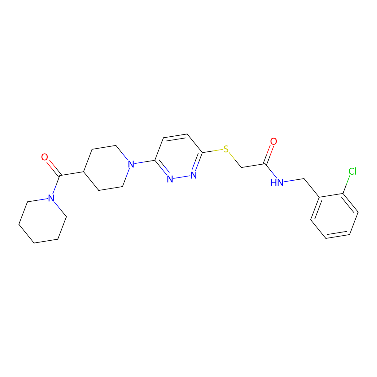 N-[(2-Chlorophenyl)methyl]-2-({6-[4-(piperidine-1-carbonyl)piperidin-1-YL]pyridazin-3-YL}sulfanyl)acetamide molecular structure, CAS 1189426-43-4