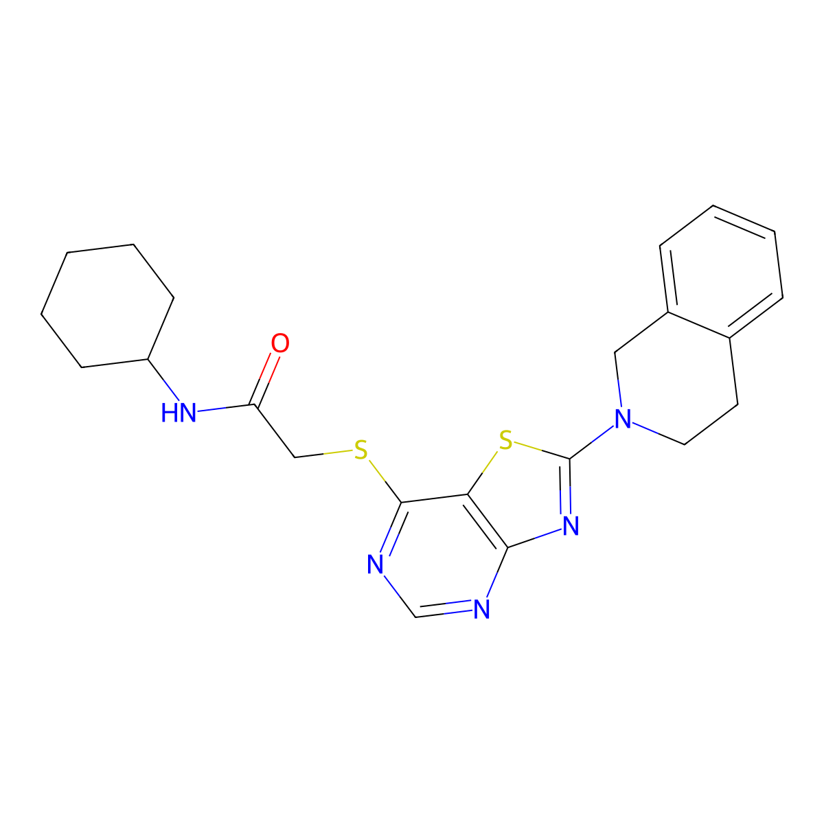 N-cyclohexyl-2-((2-(3,4-dihydroisoquinolin-2(1H)-yl)thiazolo[4,5-d]pyrimidin-7-yl)thio)acetamide molecular structure, CAS 1189427-80-2