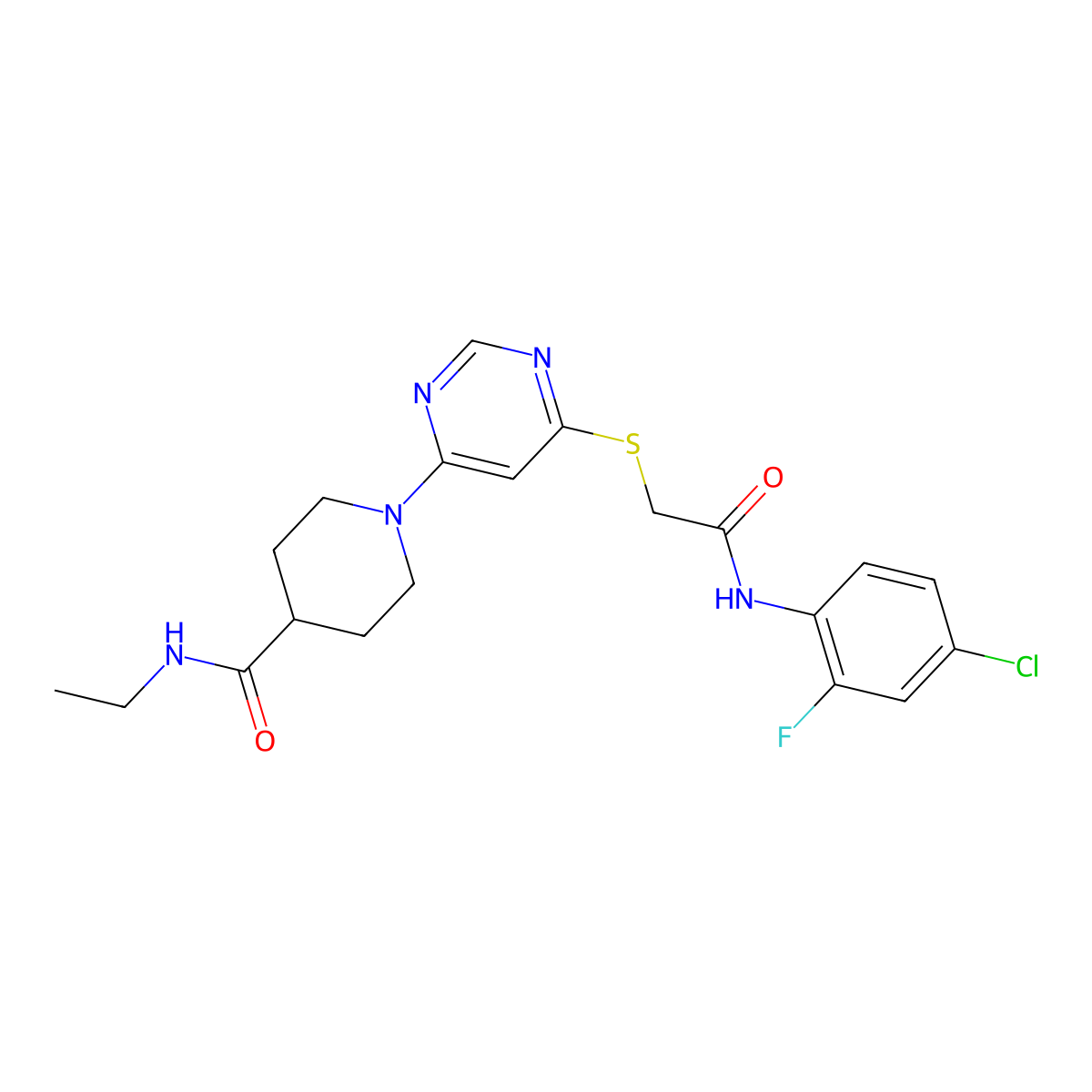 1-(6-((2-((4-chloro-2-fluorophenyl)amino)-2-oxoethyl)thio)pyrimidin-4-yl)-N-ethylpiperidine-4-carboxamide molecular structure, CAS 1189428-37-2