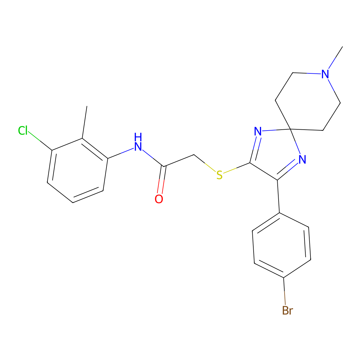 2-((3-(4-bromophenyl)-8-methyl-1,4,8-triazaspiro[4.5]deca-1,3-dien-2-yl)thio)-N-(3-chloro-2-methylphenyl)acetamide molecular structure, CAS 1189432-56-1