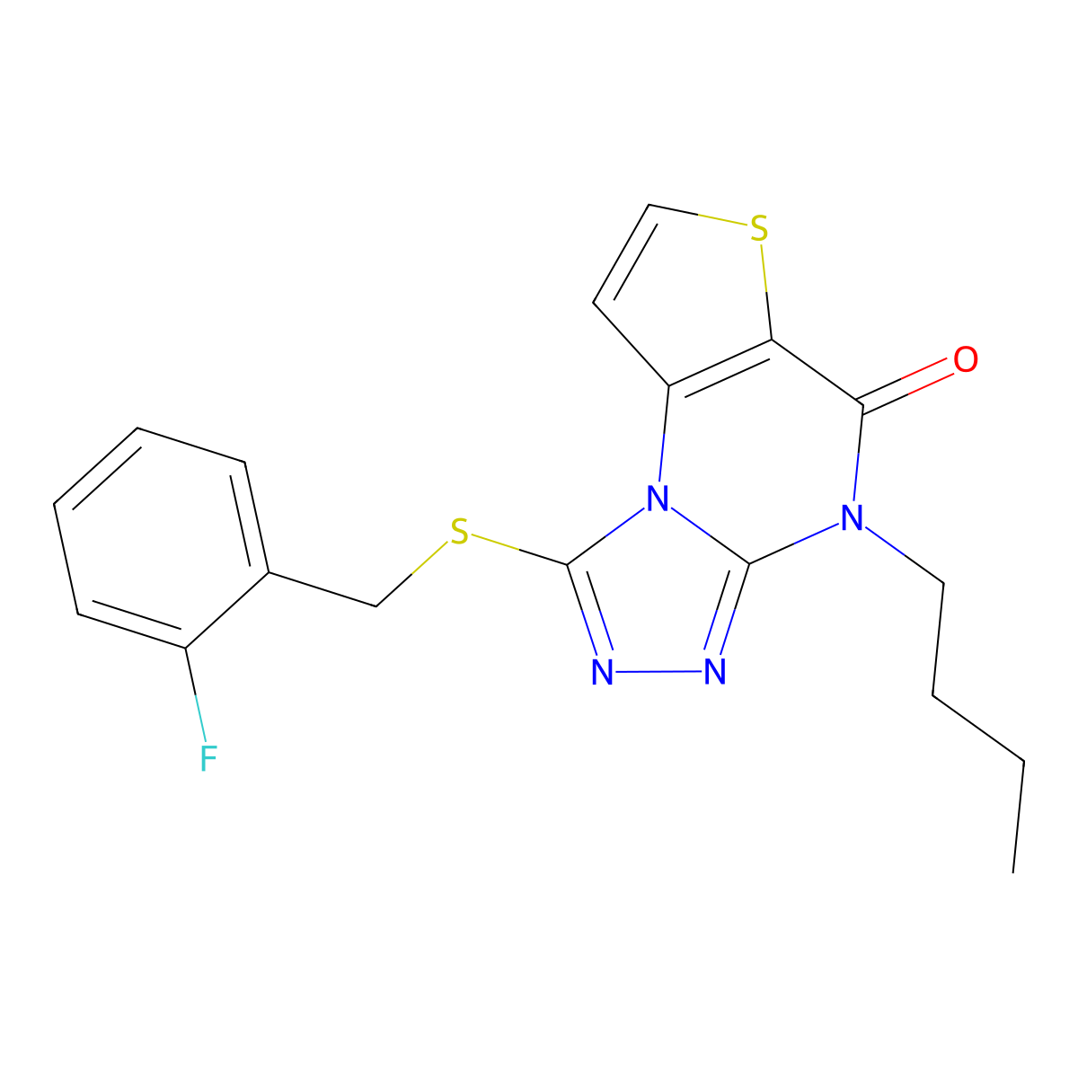 4-butyl-1-((2-fluorobenzyl)thio)thieno[2,3-e][1,2,4]triazolo[4,3-a]pyrimidin-5(4H)-one molecular structure, CAS 1189434-30-7