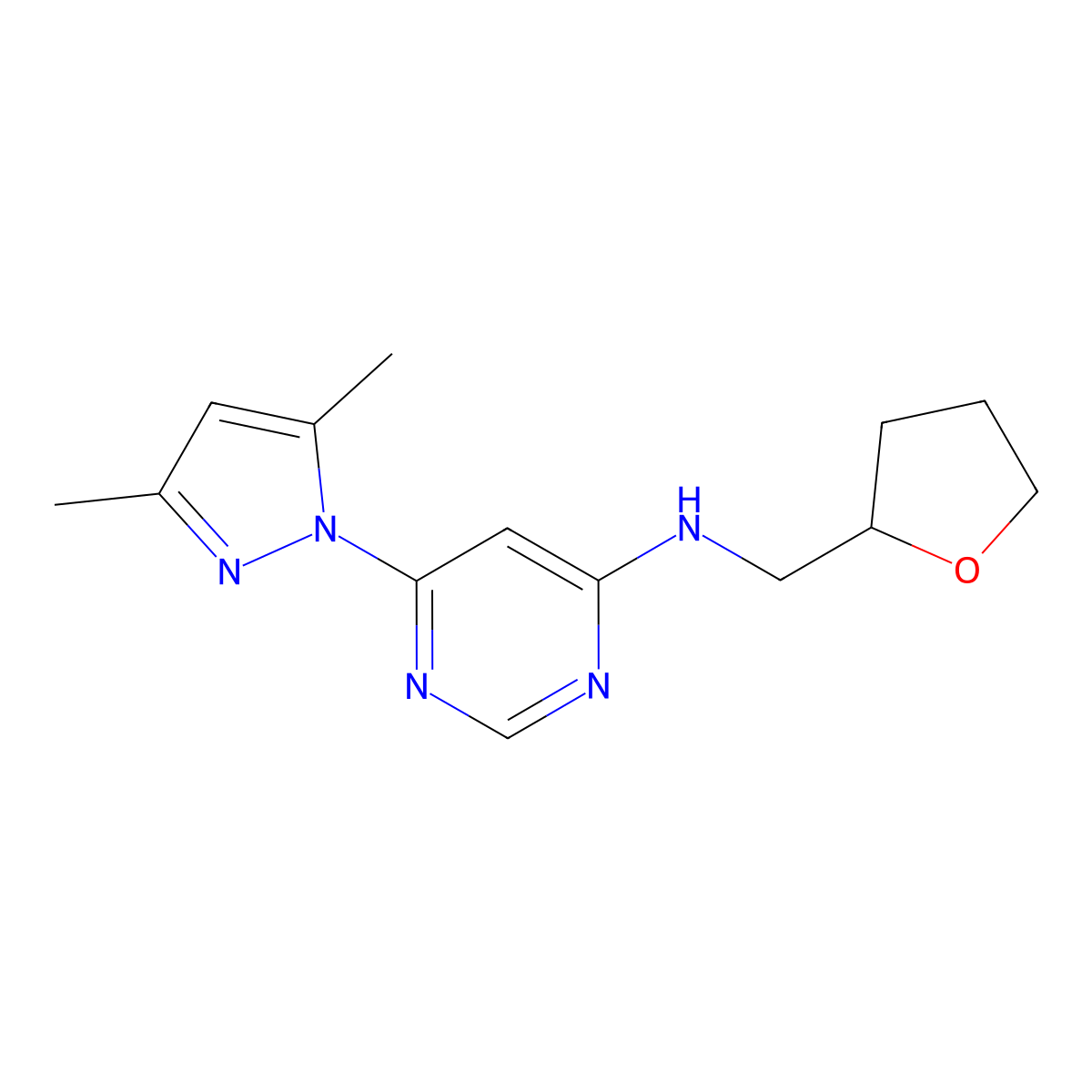 6-(3,5-dimethyl-1H-pyrazol-1-yl)-N-[(oxolan-2-yl)methyl]pyrimidin-4-amine molecular structure, CAS 1189435-85-5