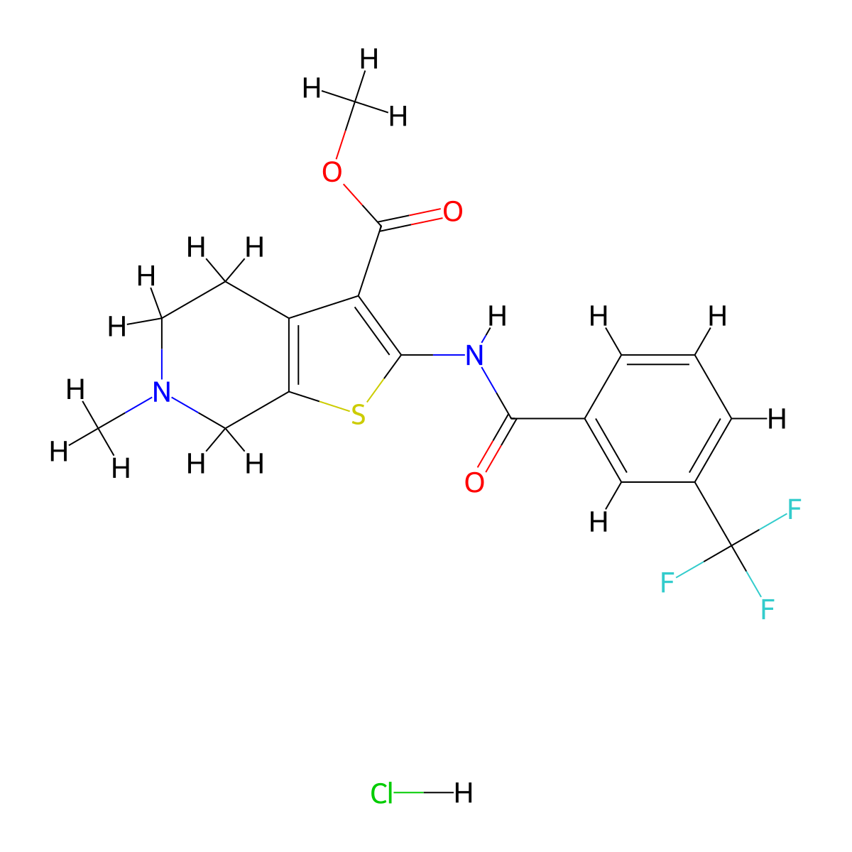 Methyl 6-methyl-2-(3-(trifluoromethyl)benzamido)-4,5,6,7-tetrahydrothieno[2,3-c]pyridine-3-carboxylate hydrochloride molecular structure, CAS 1189436-31-4