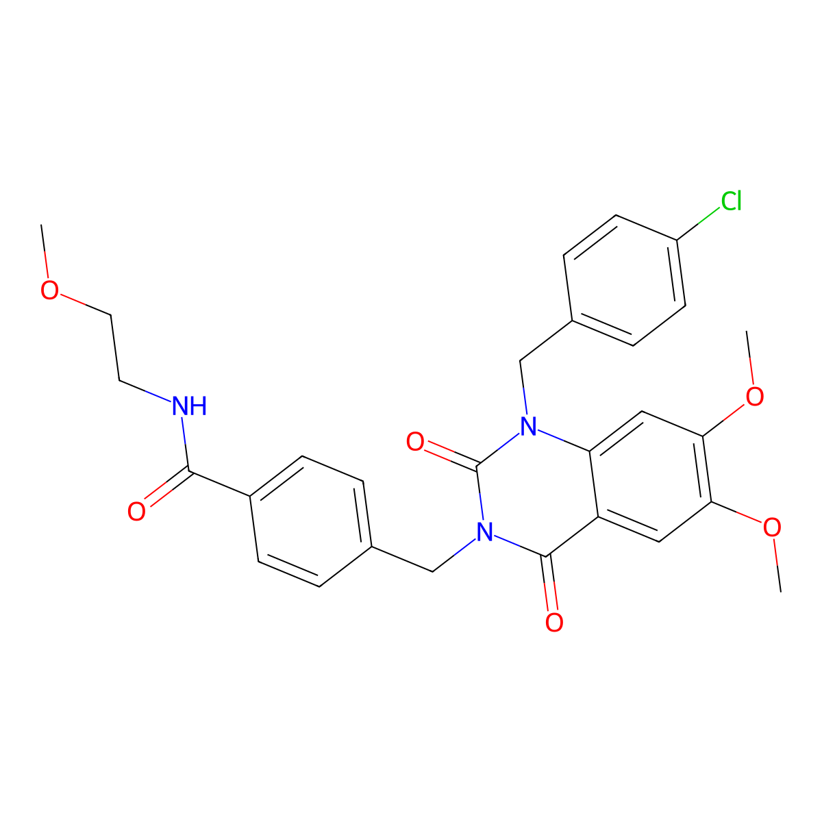 4-((1-(4-chlorobenzyl)-6,7-dimethoxy-2,4-dioxo-1,2-dihydroquinazolin-3(4H)-yl)methyl)-N-(2-methoxyethyl)benzamide molecular structure, CAS 1189436-55-2