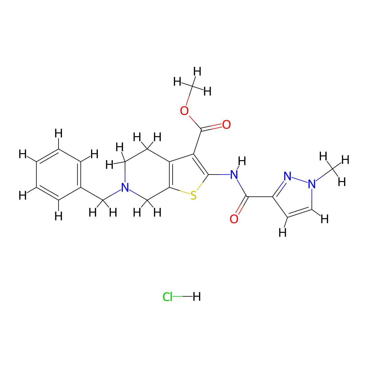 methyl 6-benzyl-2-(1-methyl-1H-pyrazole-3-carboxamido)-4,5,6,7-tetrahydrothieno[2,3-c]pyridine-3-carboxylate hydrochloride molecular structure, CAS 1189437-16-8