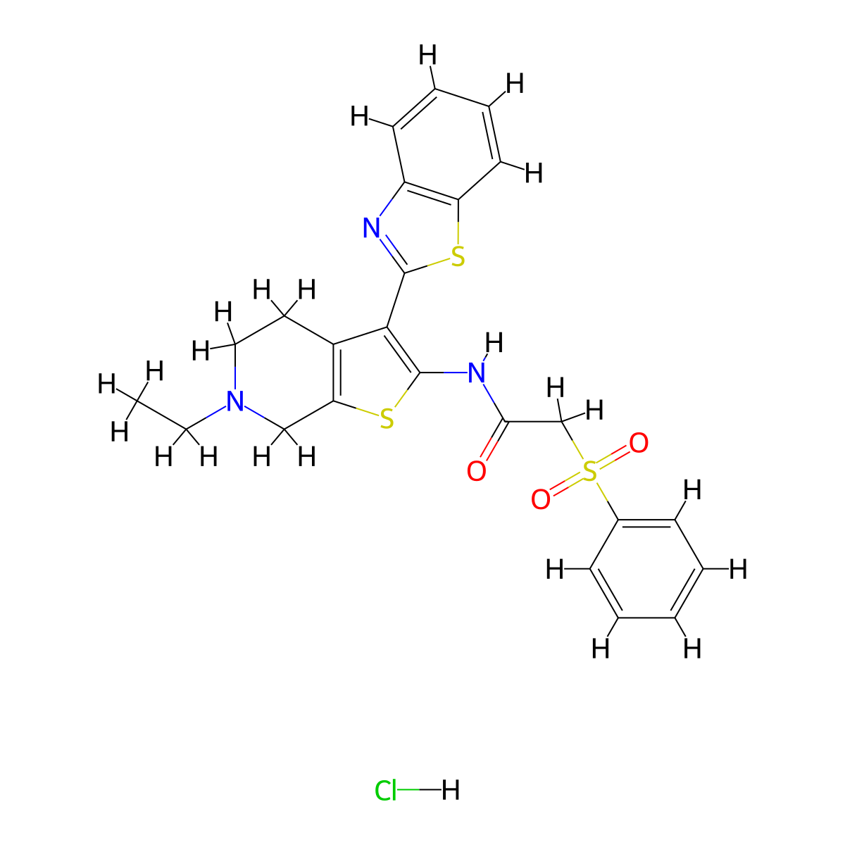 N-(3-(benzo[d]thiazol-2-yl)-6-ethyl-4,5,6,7-tetrahydrothieno[2,3-c]pyridin-2-yl)-2-(phenylsulfonyl)acetamide hydrochloride molecular structure, CAS 1189440-31-0