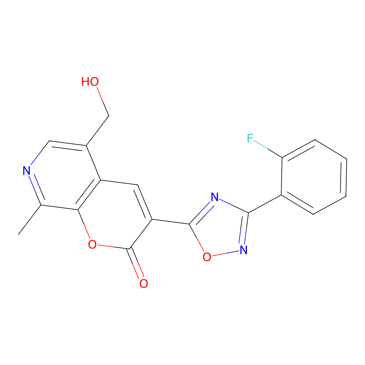 3-(3-(2-fluorophenyl)-1,2,4-oxadiazol-5-yl)-5-(hydroxymethyl)-8-methyl-2H-pyrano[2,3-c]pyridin-2-one molecular structure, CAS 1189440-68-3