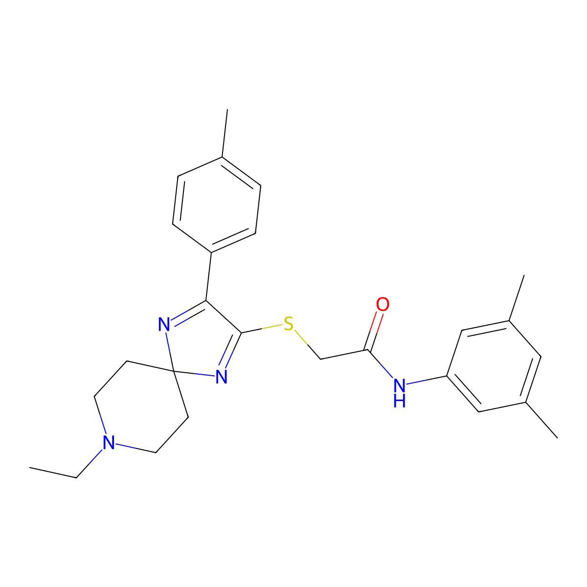 N-(3,5-dimethylphenyl)-2-((8-ethyl-3-(p-tolyl)-1,4,8-triazaspiro[4.5]deca-1,3-dien-2-yl)thio)acetamide molecular structure, CAS 1189443-54-6