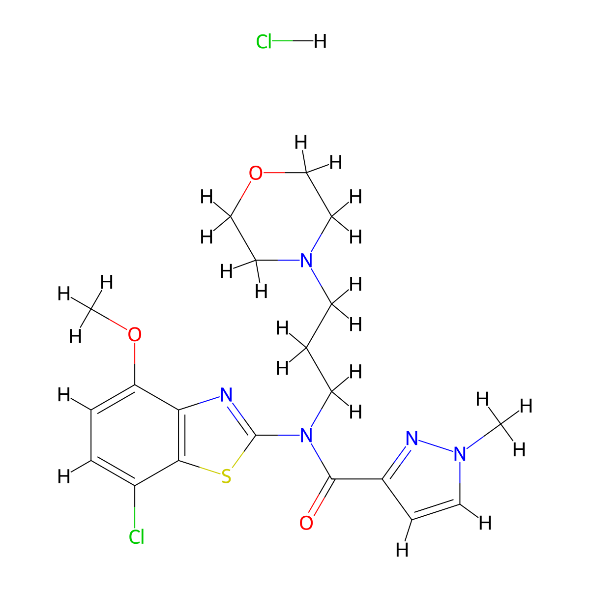 N-(7-chloro-4-methoxybenzo[d]thiazol-2-yl)-1-methyl-N-(3-morpholinopropyl)-1H-pyrazole-3-carboxamide hydrochloride molecular structure, CAS 1189444-55-0
