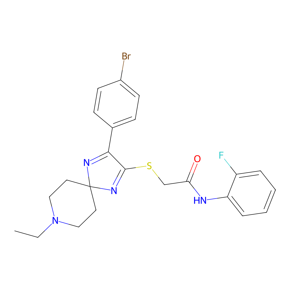 2-((3-(4-bromophenyl)-8-ethyl-1,4,8-triazaspiro[4.5]deca-1,3-dien-2-yl)thio)-N-(2-fluorophenyl)acetamide molecular structure, CAS 1189445-26-8