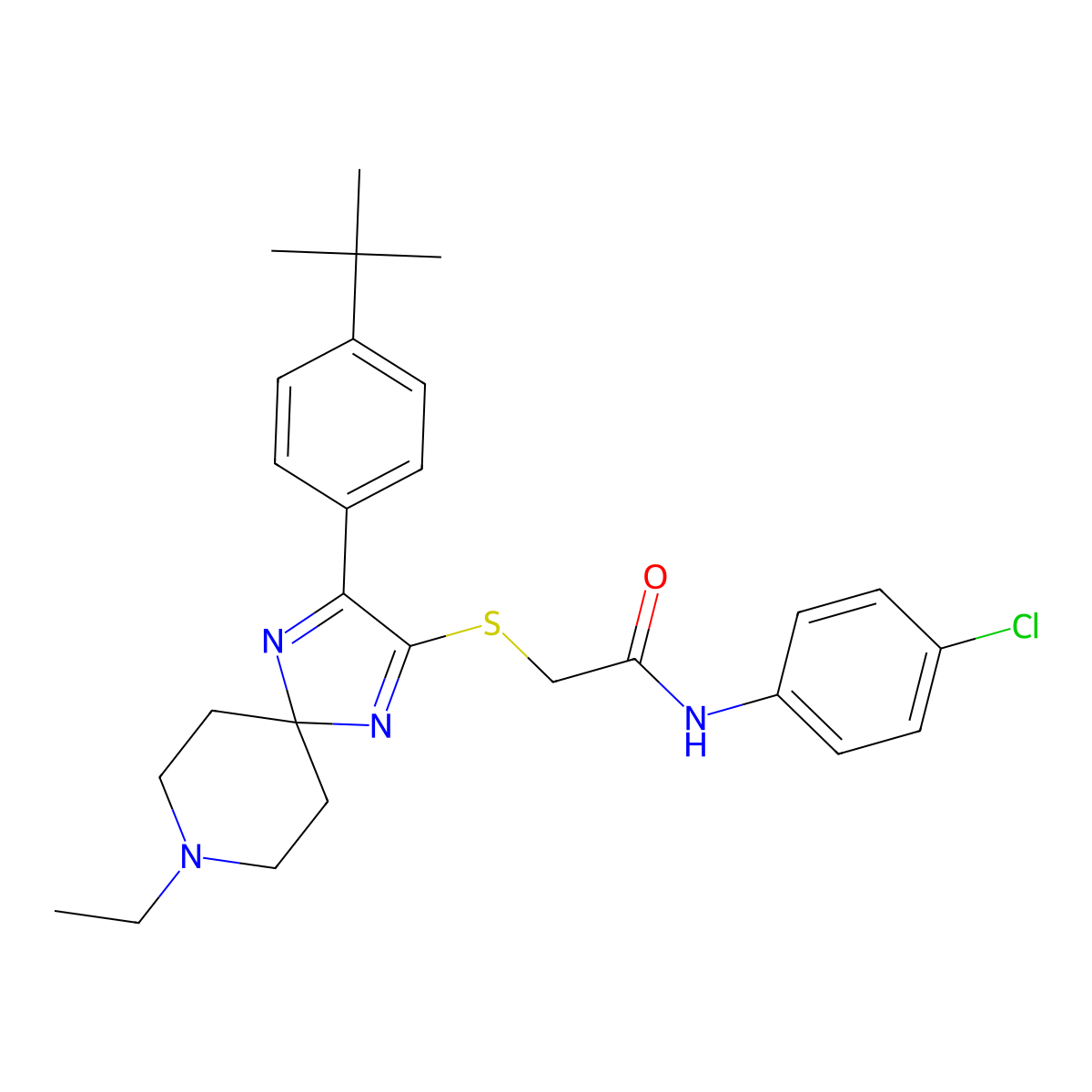 2-((3-(4-(tert-butyl)phenyl)-8-ethyl-1,4,8-triazaspiro[4.5]deca-1,3-dien-2-yl)thio)-N-(4-chlorophenyl)acetamide molecular structure, CAS 1189446-59-0