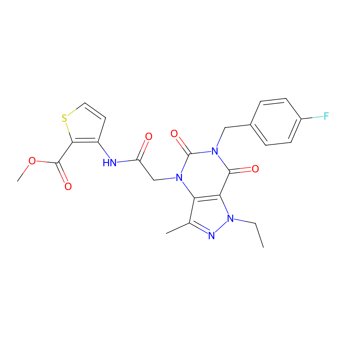 methyl 3-({[1-ethyl-6-(4-fluorobenzyl)-3-methyl-5,7-dioxo-1,5,6,7-tetrahydro-4H-pyrazolo[4,3-d]pyrimidin-4-yl]acetyl}amino)thiophene-2-carboxylate molecular structure, CAS 1189446-96-5