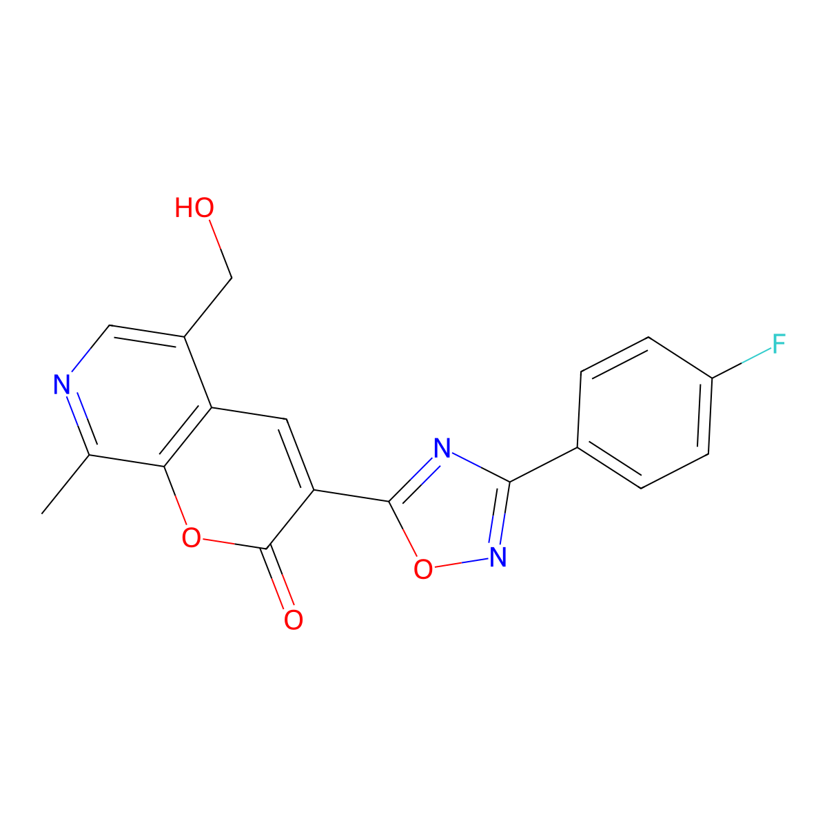 3-[3-(4-fluorophenyl)-1,2,4-oxadiazol-5-yl]-5-(hydroxymethyl)-8-methyl-2H-pyrano[2,3-c]pyridin-2-one molecular structure, CAS 1189447-51-5