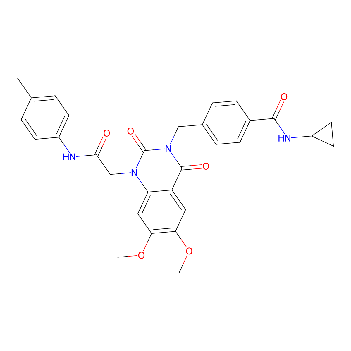 N-cyclopropyl-4-((6,7-dimethoxy-2,4-dioxo-1-(2-oxo-2-(p-tolylamino)ethyl)-1,2-dihydroquinazolin-3(4H)-yl)methyl)benzamide molecular structure, CAS 1189449-13-5