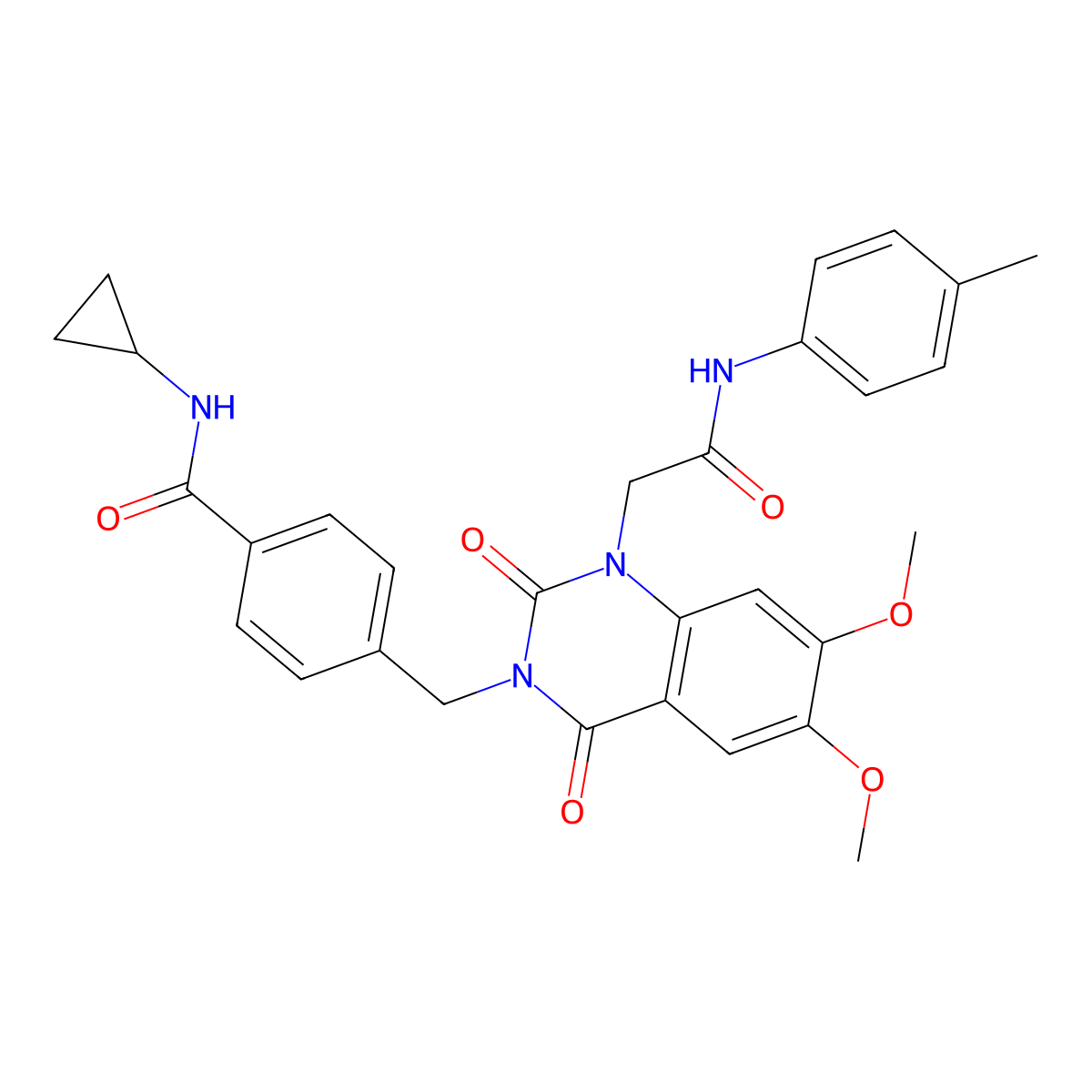 N-cyclopropyl-4-((6,7-dimethoxy-2,4-dioxo-1-(2-oxo-2-(p-tolylamino)ethyl)-1,2-dihydroquinazolin-3(4H)-yl)methyl)benzamide molecular structure, CAS 1189449-13-5