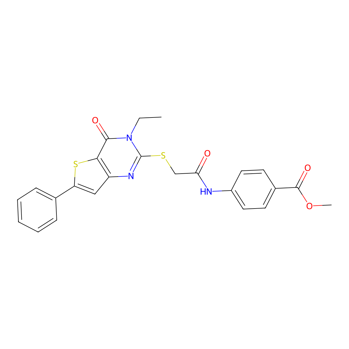 Methyl 4-(2-((3-ethyl-4-oxo-6-phenyl-3,4-dihydrothieno[3,2-d]pyrimidin-2-yl)thio)acetamido)benzoate molecular structure, CAS 1189452-02-5
