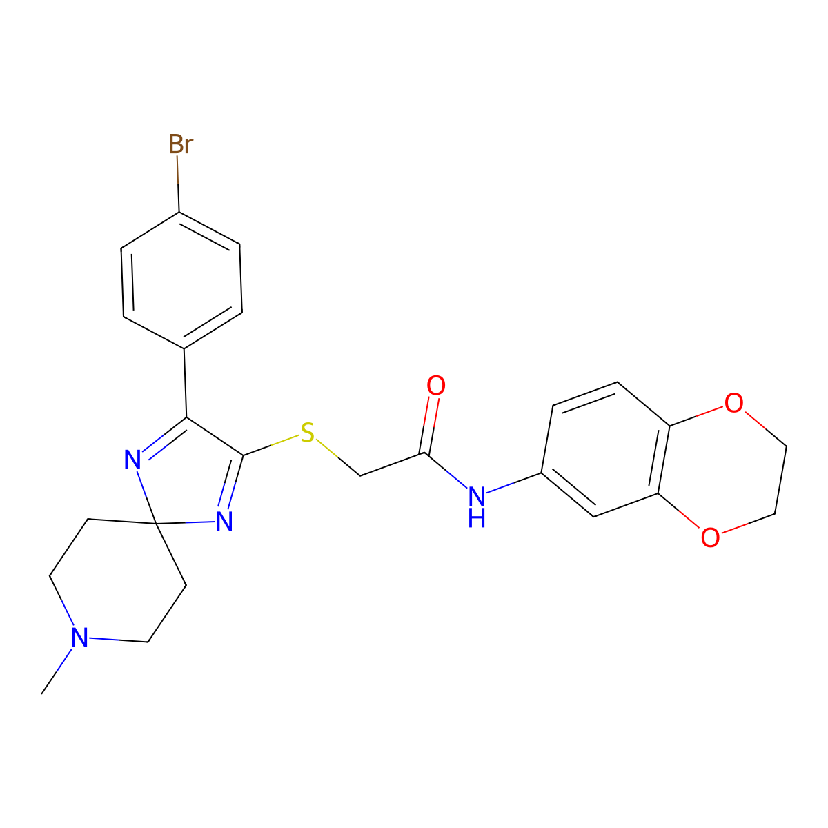 2-((3-(4-bromophenyl)-8-methyl-1,4,8-triazaspiro[4.5]deca-1,3-dien-2-yl)thio)-N-(2,3-dihydrobenzo[b][1,4]dioxin-6-yl)acetamide molecular structure, CAS 1189452-21-8
