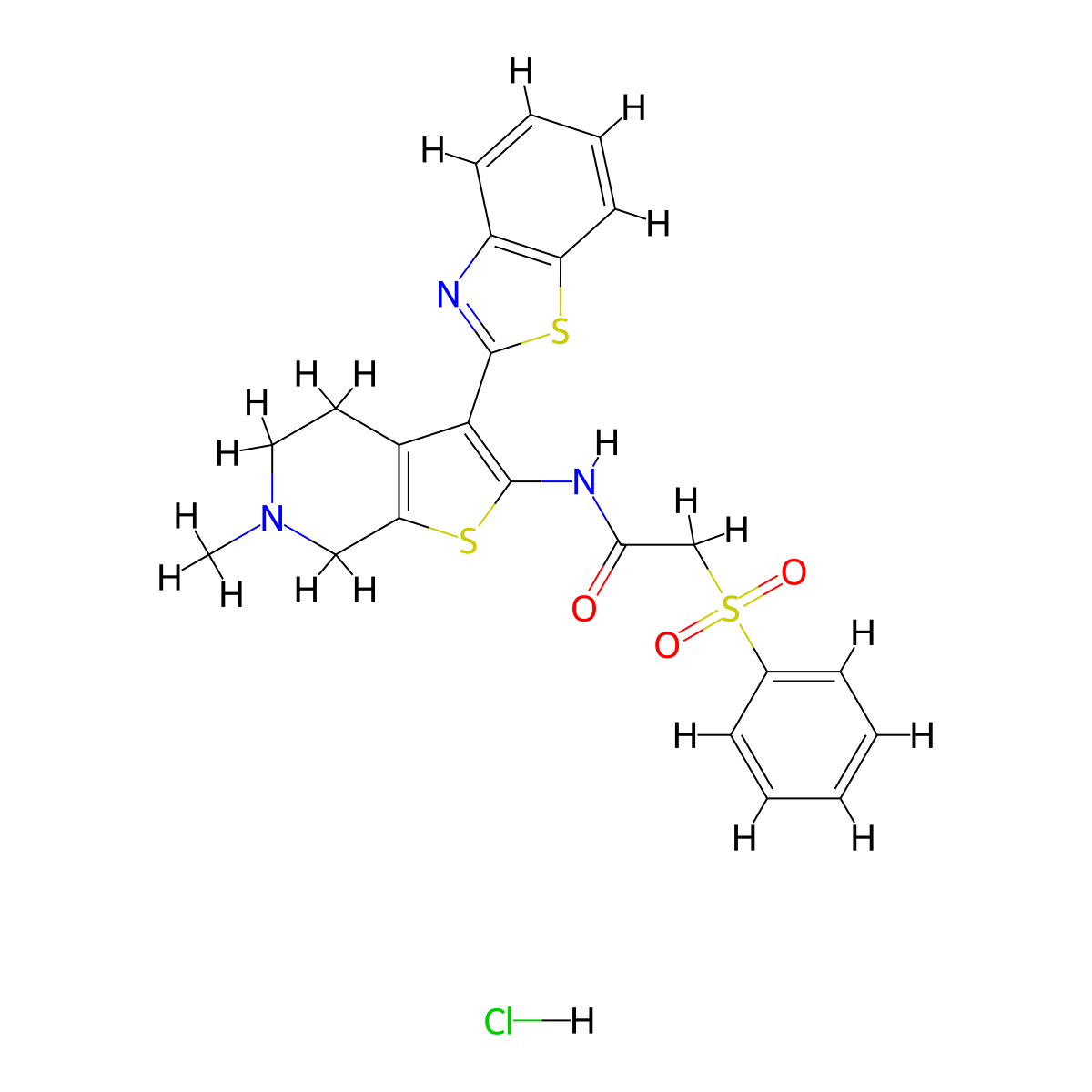 N-(3-(benzo[d]thiazol-2-yl)-6-methyl-4,5,6,7-tetrahydrothieno[2,3-c]pyridin-2-yl)-2-(phenylsulfonyl)acetamide hydrochloride molecular structure, CAS 1189453-33-5