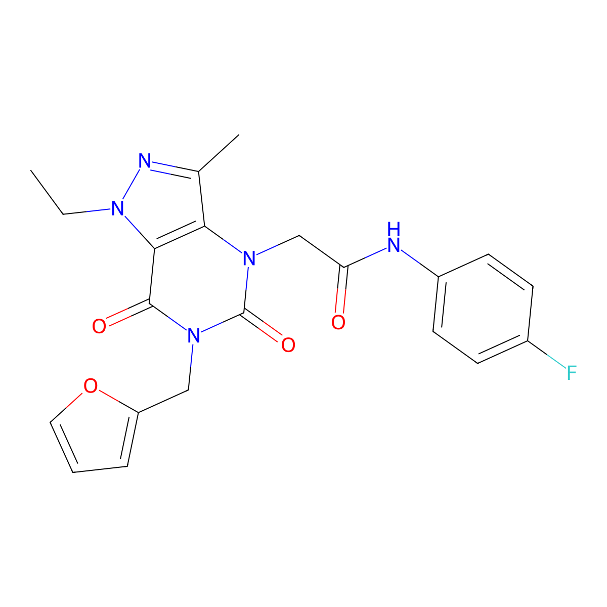 2-(1-ethyl-6-(furan-2-ylmethyl)-3-methyl-5,7-dioxo-6,7-dihydro-1H-pyrazolo[4,3-d]pyrimidin-4(5H)-yl)-N-(4-fluorophenyl)acetamide molecular structure, CAS 1189454-42-9