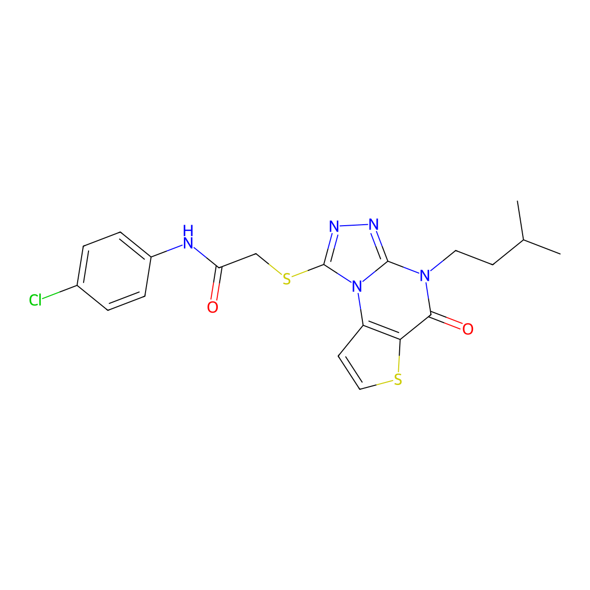 N-(4-chlorophenyl)-2-((4-isopentyl-5-oxo-4,5-dihydrothieno[2,3-e][1,2,4]triazolo[4,3-a]pyrimidin-1-yl)thio)acetamide molecular structure, CAS 1189455-55-7