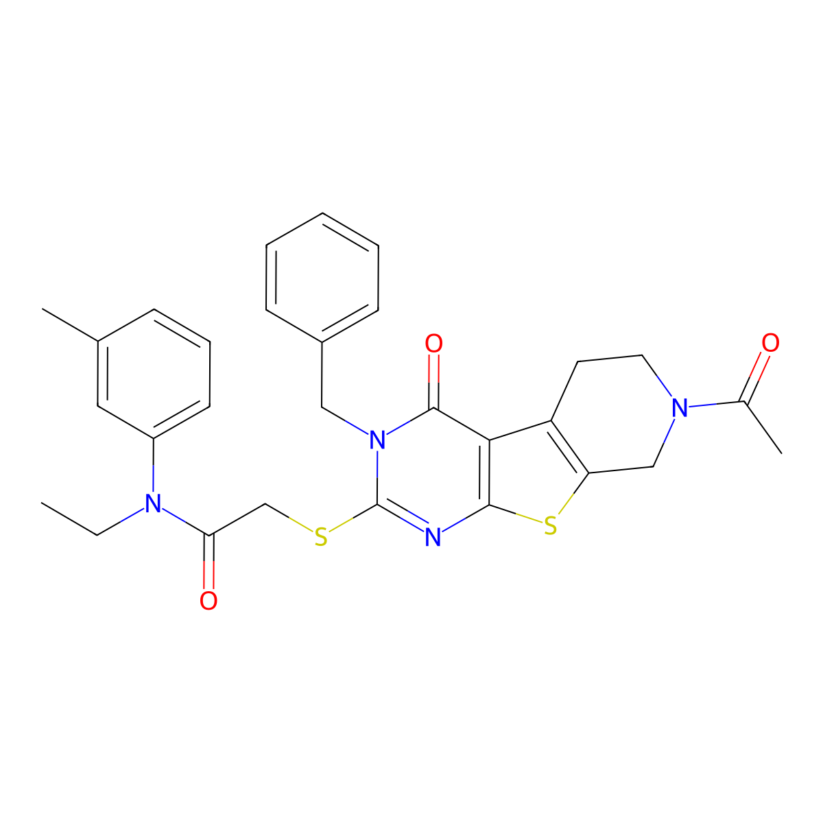 2-({11-acetyl-4-benzyl-3-oxo-8-thia-4,6,11-triazatricyclo[7.4.0.0^{2,7}]trideca-1(9),2(7),5-trien-5-yl}sulfanyl)-N-ethyl-N-(3-methylphenyl)acetamide molecular structure, CAS 1189456-55-0