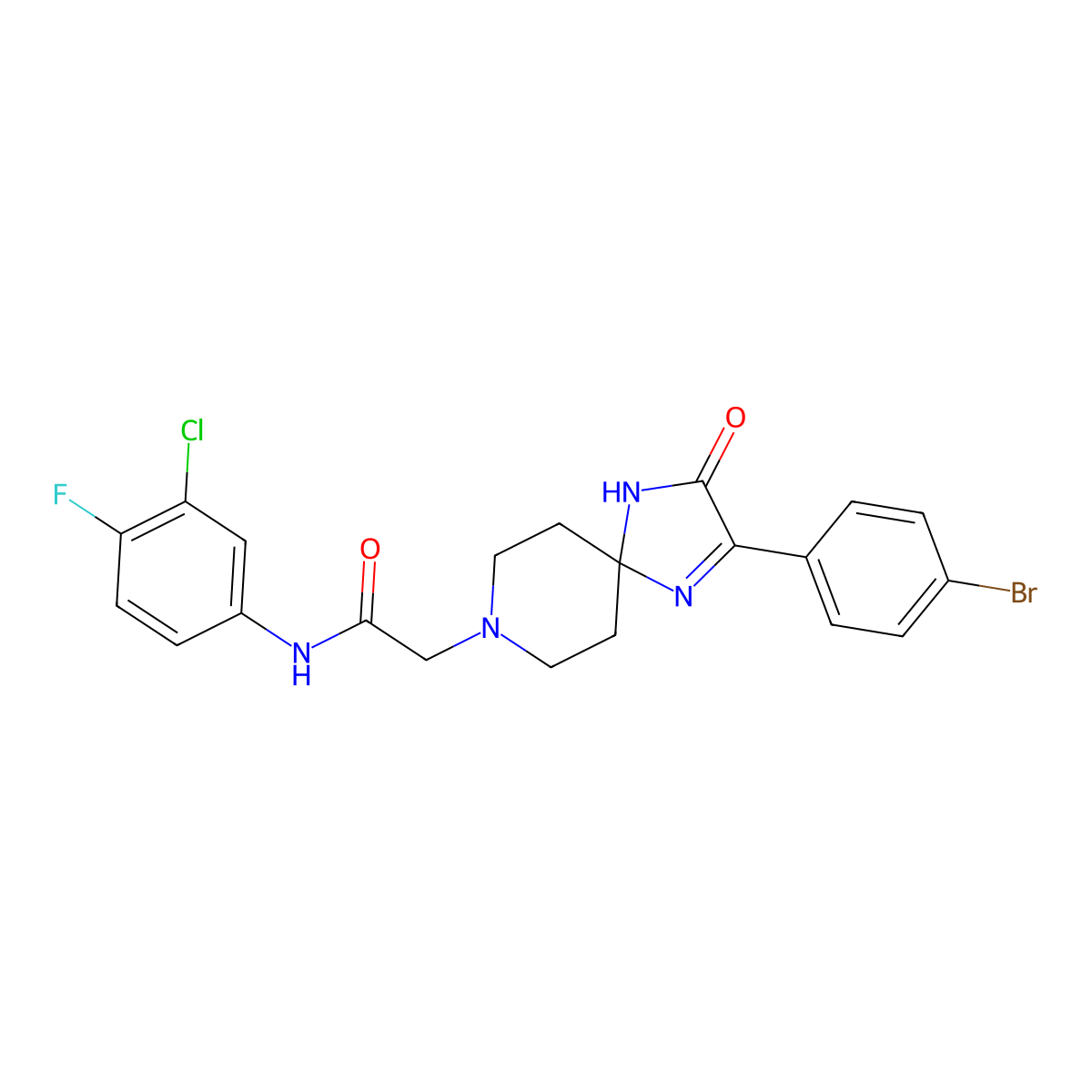 2-(2-(4-bromophenyl)-3-oxo-1,4,8-triazaspiro[4.5]dec-1-en-8-yl)-N-(3-chloro-4-fluorophenyl)acetamide molecular structure, CAS 1189457-58-6