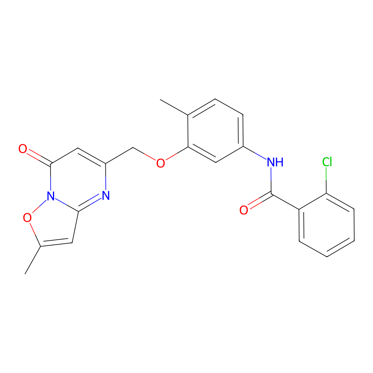 2-Chloro-N-[4-methyl-3-[(2-methyl-7-oxo-7H-isoxazolo[2,3-a]pyrimidin-5-yl)methoxy]phenyl]benzamide molecular structure, CAS 1189459-69-5