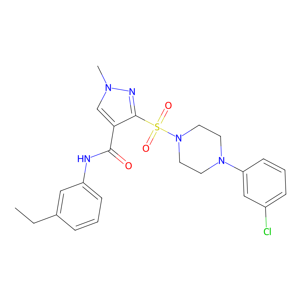 3-{[4-(3-chlorophenyl)piperazin-1-yl]sulfonyl}-N-(3-ethylphenyl)-1-methyl-1H-pyrazole-4-carboxamide molecular structure, CAS 1189460-85-2
