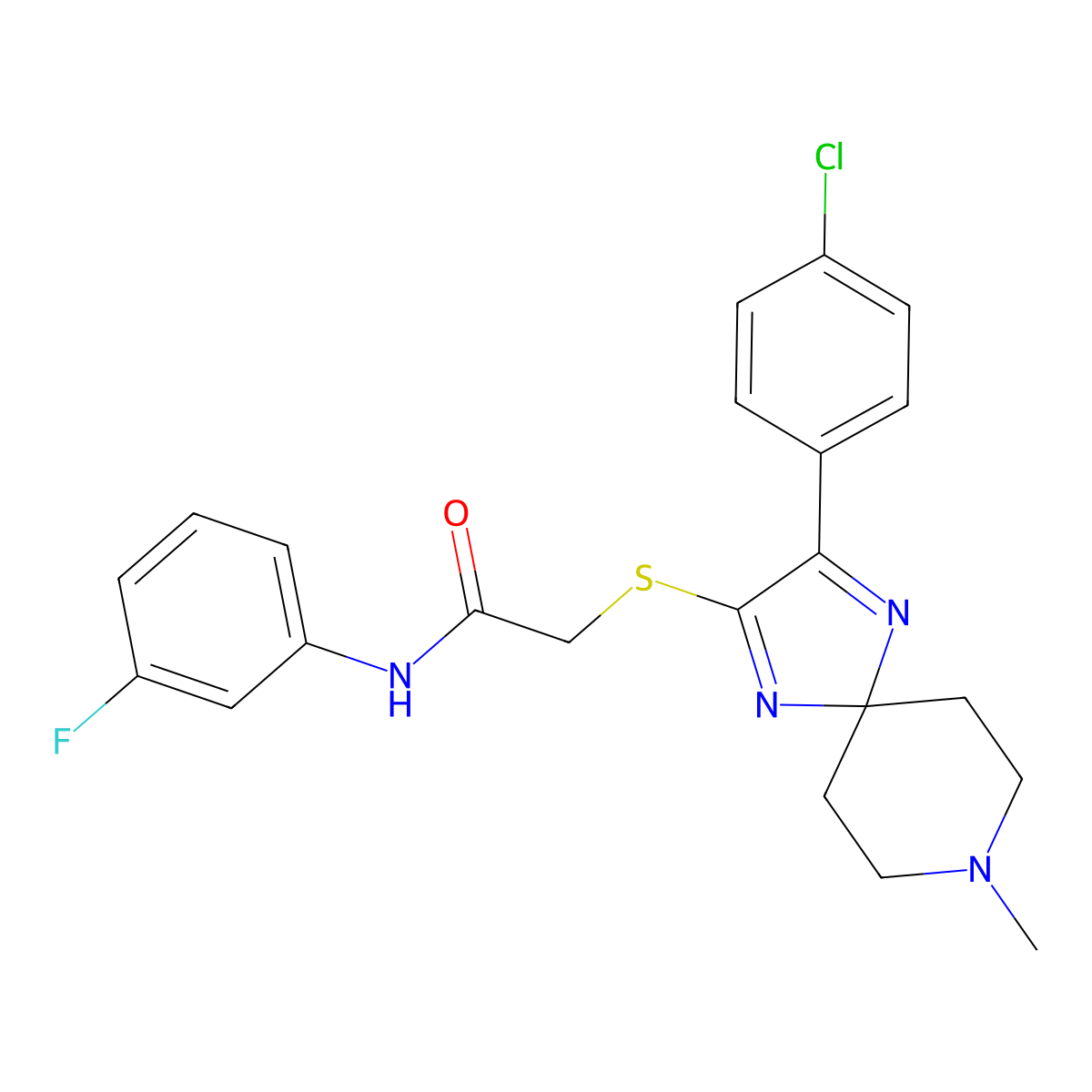 2-((3-(4-chlorophenyl)-8-methyl-1,4,8-triazaspiro[4.5]deca-1,3-dien-2-yl)thio)-N-(3-fluorophenyl)acetamide molecular structure, CAS 1189462-26-7