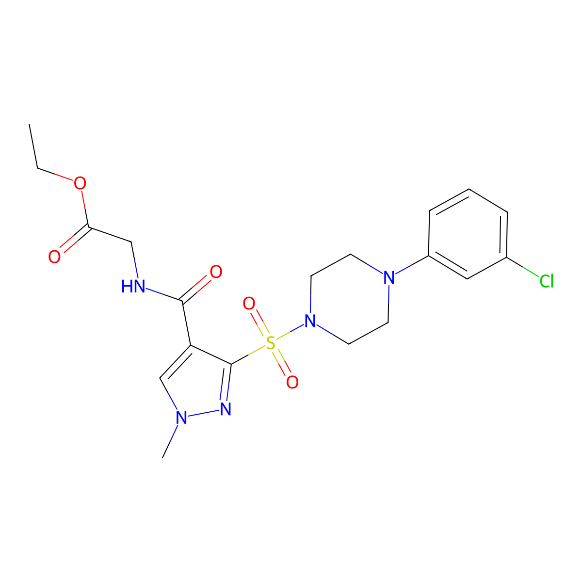 ethyl 2-(3-((4-(3-chlorophenyl)piperazin-1-yl)sulfonyl)-1-methyl-1H-pyrazole-4-carboxamido)acetate molecular structure, CAS 1189462-53-0