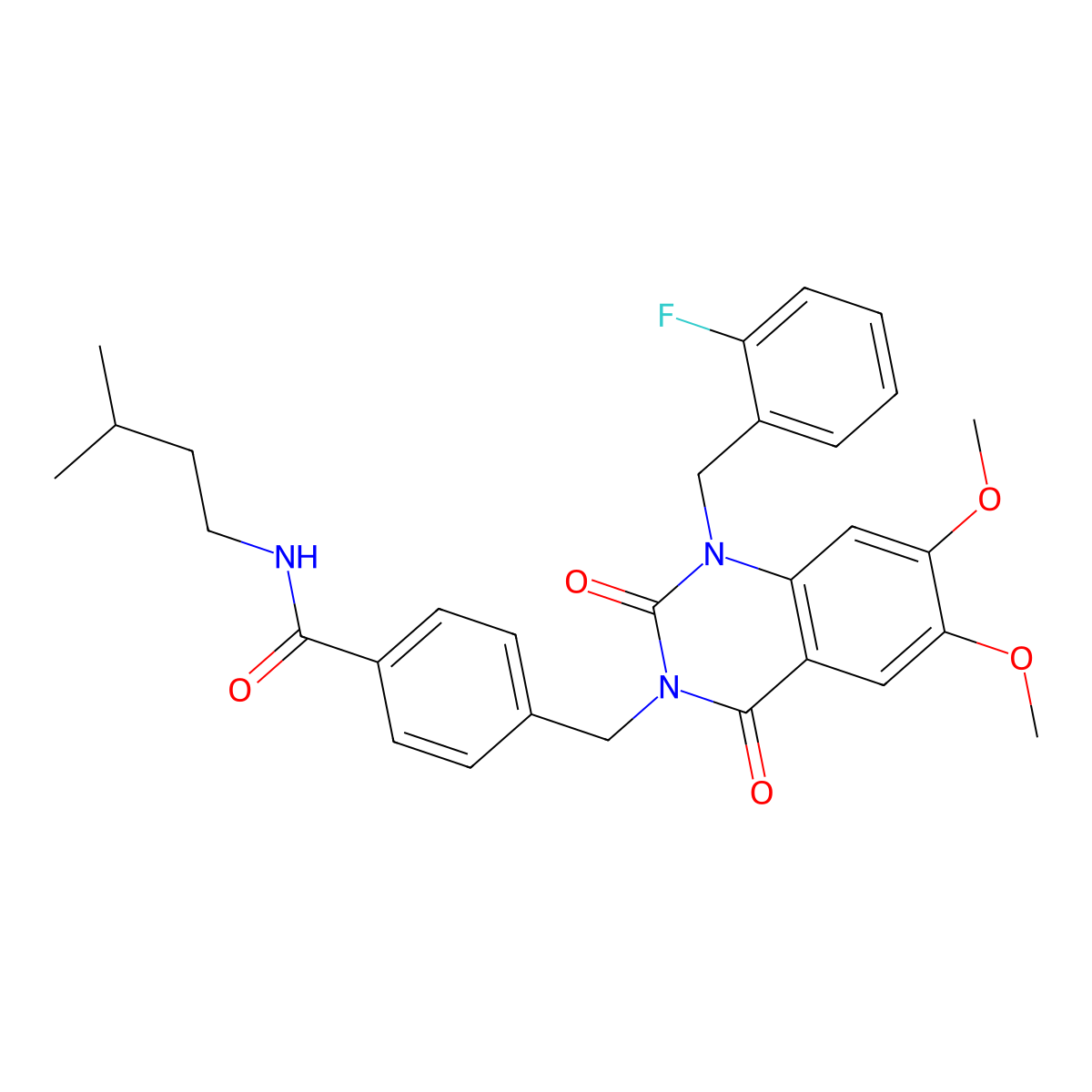 4-((1-(2-fluorobenzyl)-6,7-dimethoxy-2,4-dioxo-1,2-dihydroquinazolin-3(4H)-yl)methyl)-N-isopentylbenzamide molecular structure, CAS 1189464-76-3