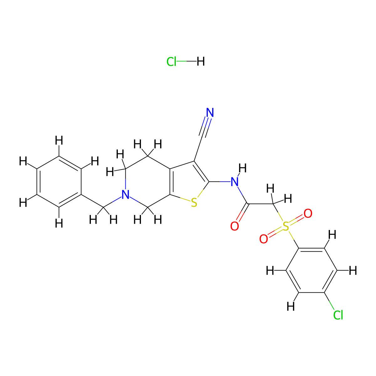 N-(6-benzyl-3-cyano-4,5,6,7-tetrahydrothieno[2,3-c]pyridin-2-yl)-2-((4-chlorophenyl)sulfonyl)acetamide hydrochloride molecular structure, CAS 1189465-51-7