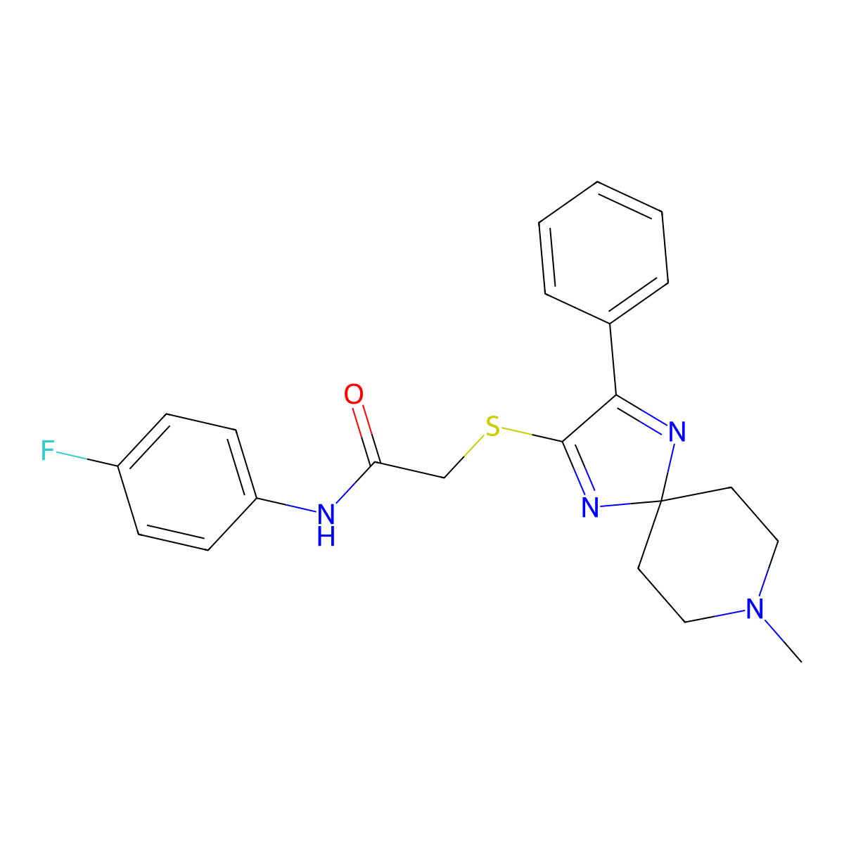 N-(4-fluorophenyl)-2-((8-methyl-3-phenyl-1,4,8-triazaspiro[4.5]deca-1,3-dien-2-yl)thio)acetamide molecular structure, CAS 1189467-60-4