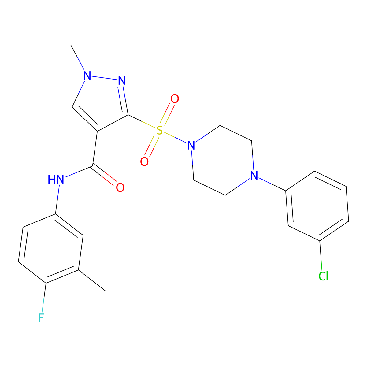 3-{[4-(3-chlorophenyl)piperazin-1-yl]sulfonyl}-N-(4-fluoro-3-methylphenyl)-1-methyl-1H-pyrazole-4-carboxamide molecular structure, CAS 1189470-34-5