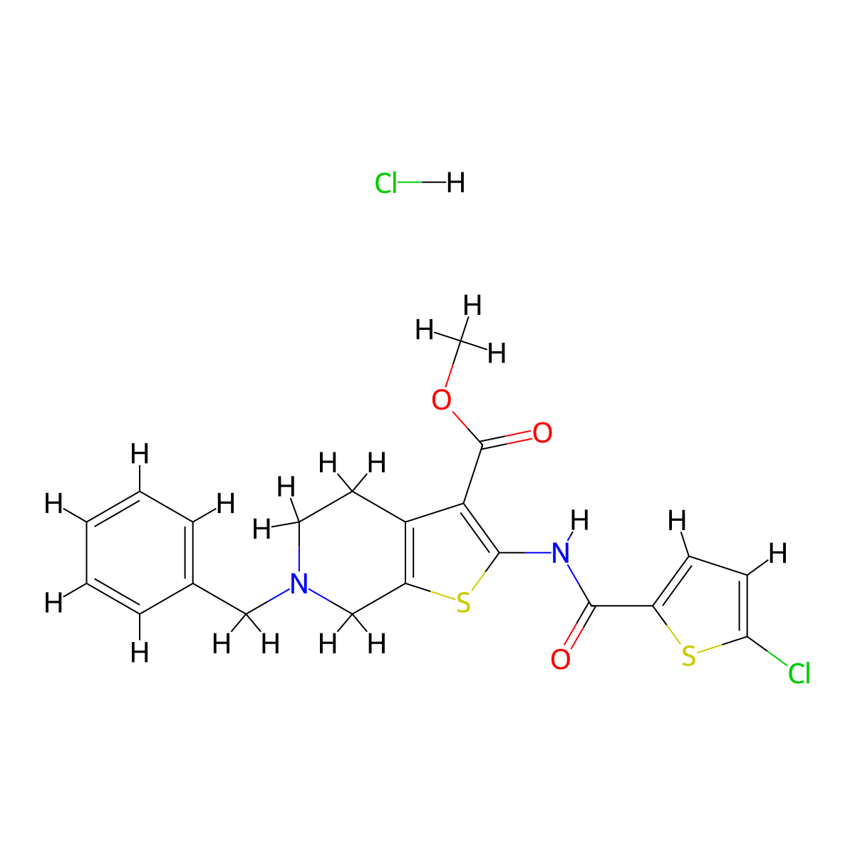 Methyl 6-benzyl-2-(5-chlorothiophene-2-carboxamido)-4,5,6,7-tetrahydrothieno[2,3-c]pyridine-3-carboxylate hydrochloride molecular structure, CAS 1189470-46-9