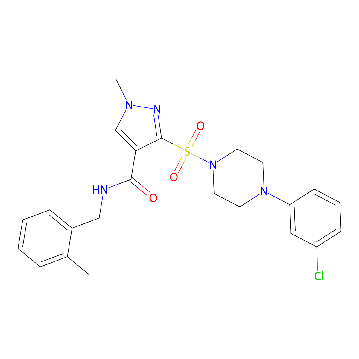 3-((4-(3-chlorophenyl)piperazin-1-yl)sulfonyl)-1-methyl-N-(2-methylbenzyl)-1H-pyrazole-4-carboxamide molecular structure, CAS 1189470-92-5